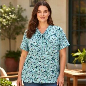 Talbots Plus 3X Floral Front Tie Short Sleeve Blouse Top Blue Lightweight Fruit